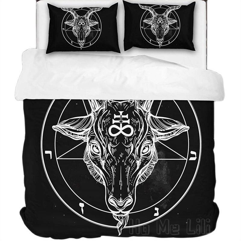 Dark Satanic Duvet Cover Set Satan Goat Inverted Pentagram Skull Bedding Set Full King Size Bed Set Bedroom Comforter Cover Set