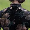 Sleeve Cheongsam Dress with Ginkgo Leaf Chinese Party Formal and Long, 3/4 Design, Velvet, Clothing, Slit, Dress, (Black Gold, L)