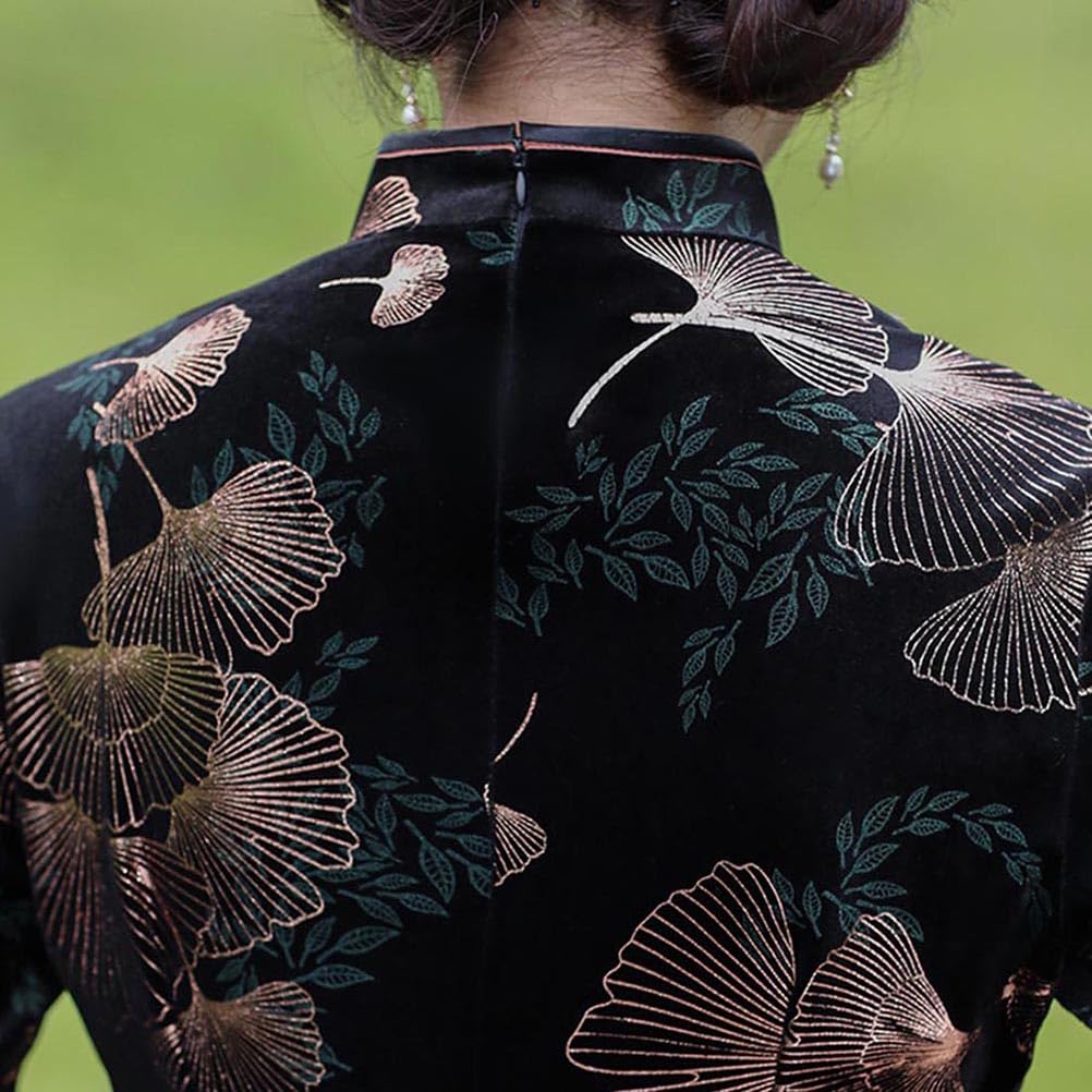 Sleeve Cheongsam Dress with Ginkgo Leaf Chinese Party Formal and Long, 3/4 Design, Velvet, Clothing, Slit, Dress, (Black Gold, L)