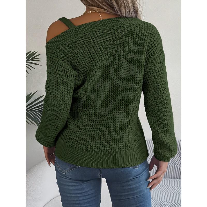 VEZFAA Women's Fashion Casual Fall Winter Solid Color Print Long Sleeve Oblique Collar Sweaters