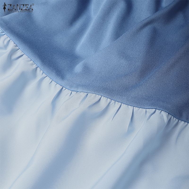 ZANZEA Women Casual Round Neck Summer Short Sleeve Splice Long Dress