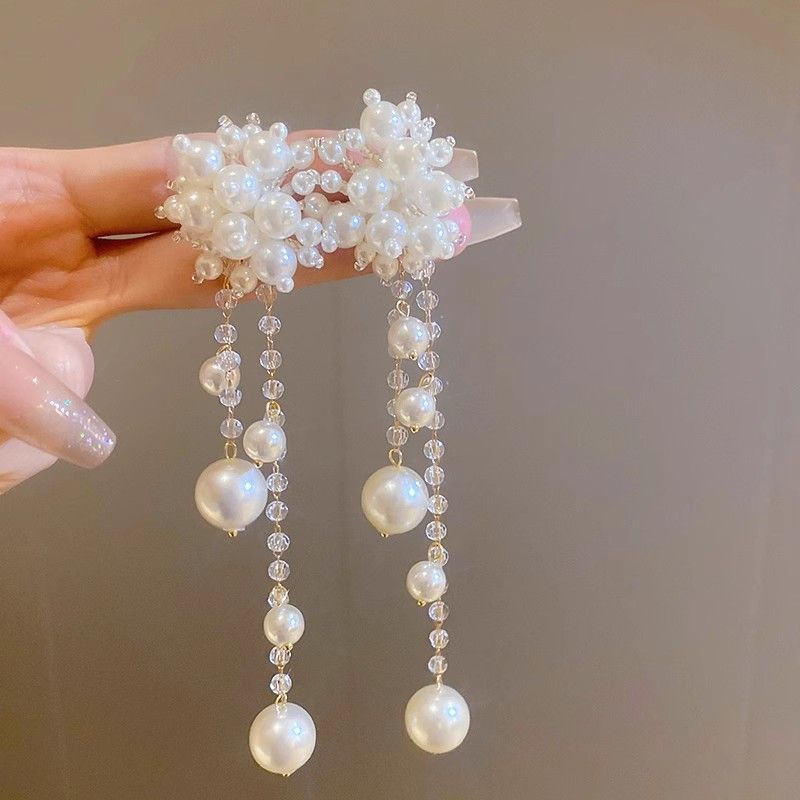 Pearl Long Tassel Earrings Retro Elegant Exaggerated Large Earrings Elegant Temperament Bridal Wedding Party Jewelry Accessories белый