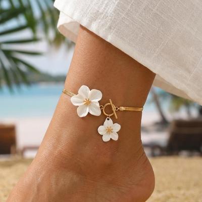 Adjustable Flower Pendant Anklet with OT Buckle Beach Jewelry Elegant Oil-Dripped Foot Chain Girl