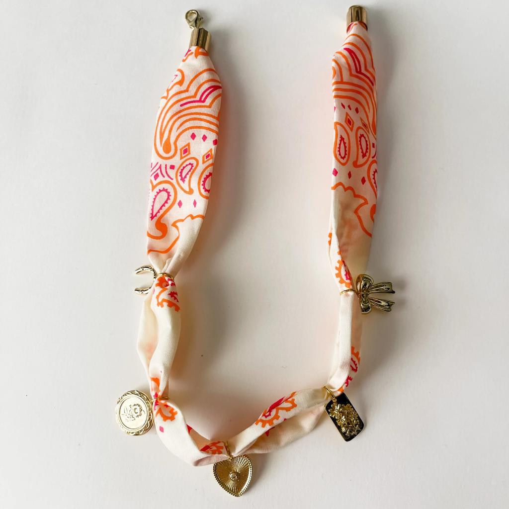 Bohemian Printed Silk Scarf Necklace Retro Metal Love Shell Pendant Cloth Strip Splicing Trendy Jewelry