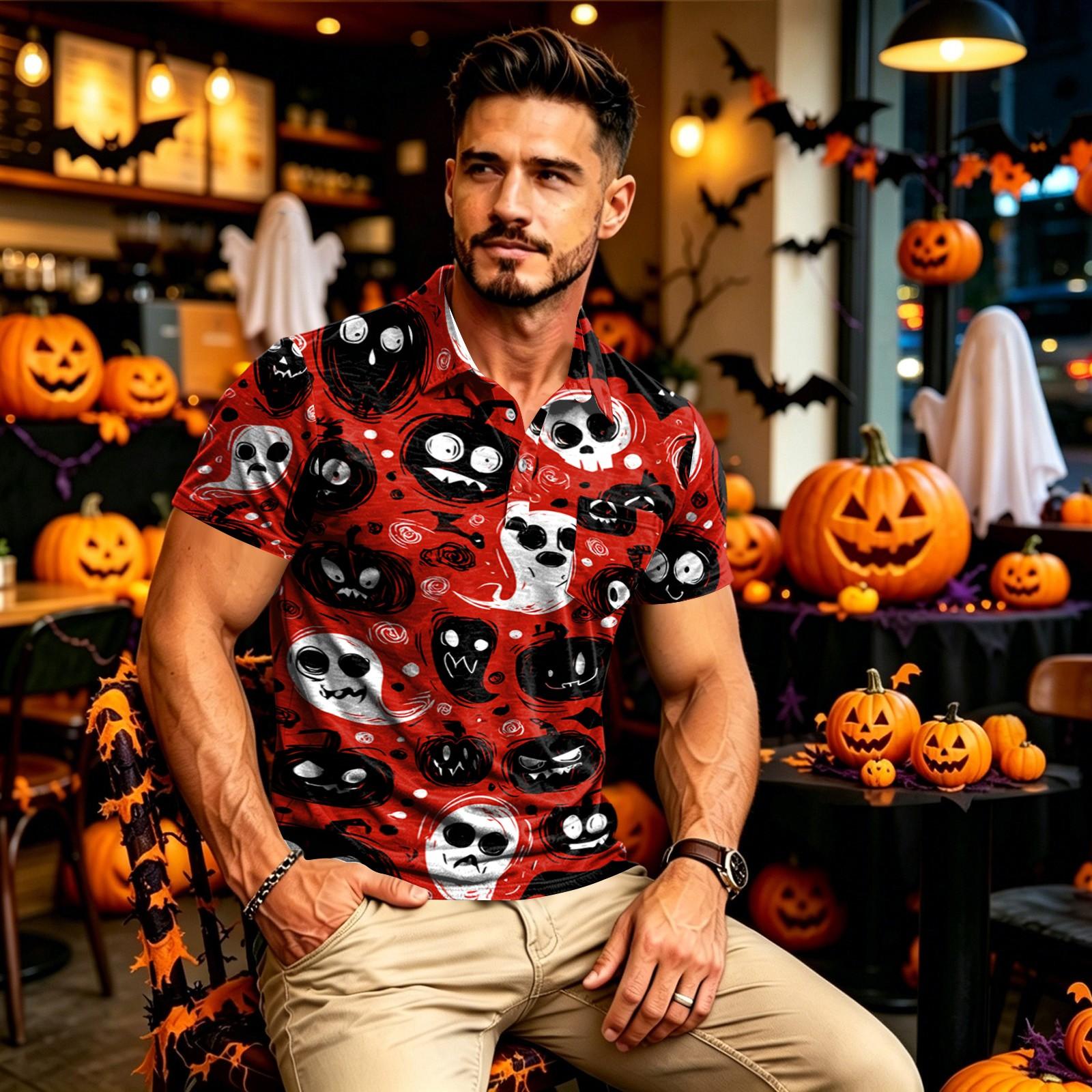 Men s Quick Dry Long Sleeve Golf Shirt with Chest Pocket Halloween Print L