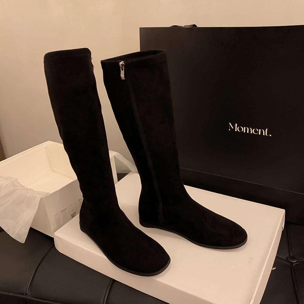 Beautiful Tube Thin Rad But Flat Single Boots Knight Boots Versatile Korean Version Tall Boots Female White Round Head Thin Long