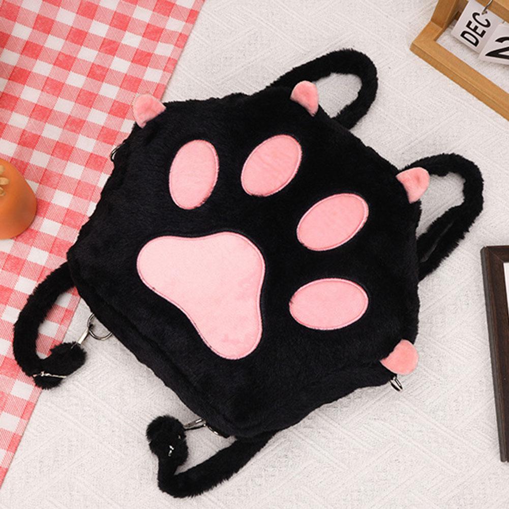 Cute Cat Paw Plush Backpack with Adjustable Straps Soft Furry Purse with Zipper Cartoon Backpack for Women Girls