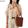 ZANZEA Women Bohemian Floral Print Open Front Cropped Half Sleeve Vintage Casual Holiday Tops Blouse