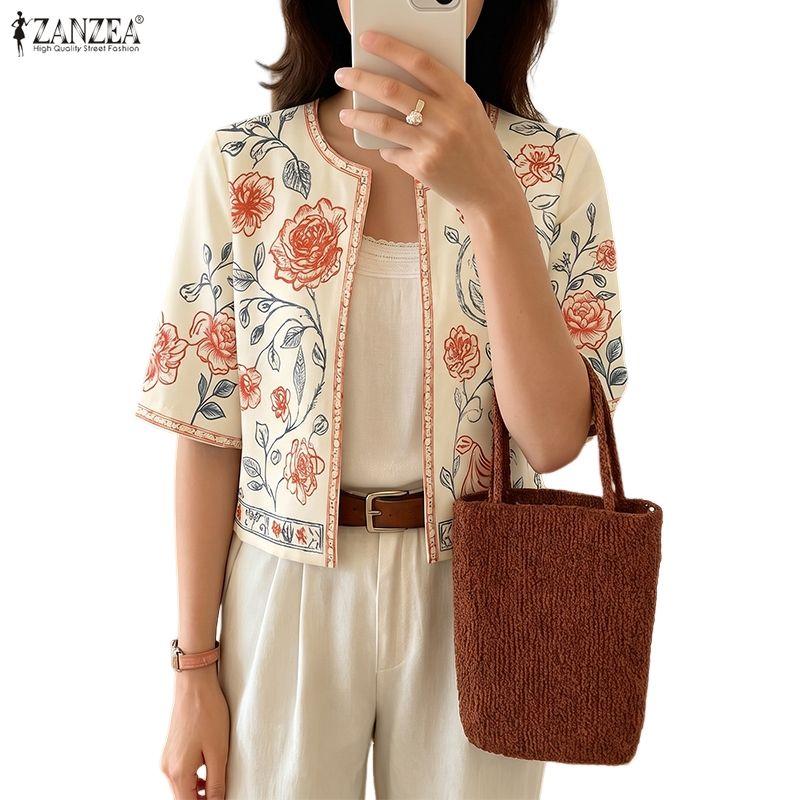 ZANZEA Women Bohemian Floral Print Open Front Cropped Half Sleeve Vintage Casual Holiday Tops Blouse