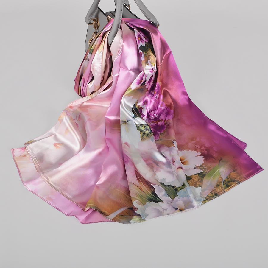 [BYSIFA] Fall New Silk Scarf Hijab Printed Elegant Green Plum Blossom Satin Long Scarves Shawls Winter Women Accessories Wraps