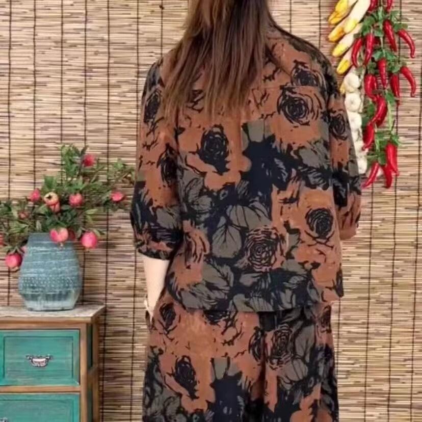 Summer Loose and Slimming Printed Casual Suit - Youthful, Concealing Fat, Fashionable and Retro Harem Pants Set of Two Pieces