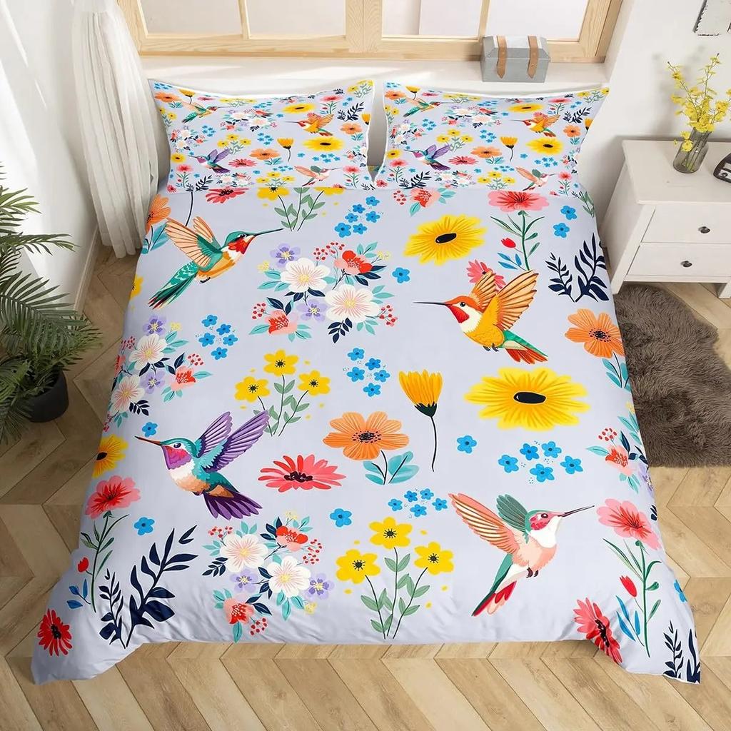 Kolibri Blumen Bettbezug Vögel Bettwäsche Set Blau Grün Frühling Wildtiere Botanisch Bettdeckenbezug Polyester Steppdeckenbezug