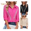 Women Shirt Lapel Long Sleeve Buttons Placket Shirt with Rhinestones Tassel Solid Color Loose Fit Casual Shirt