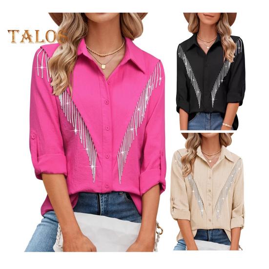 Women Shirt Lapel Long Sleeve Buttons Placket Shirt with Rhinestones Tassel Solid Color Loose Fit Casual Shirt