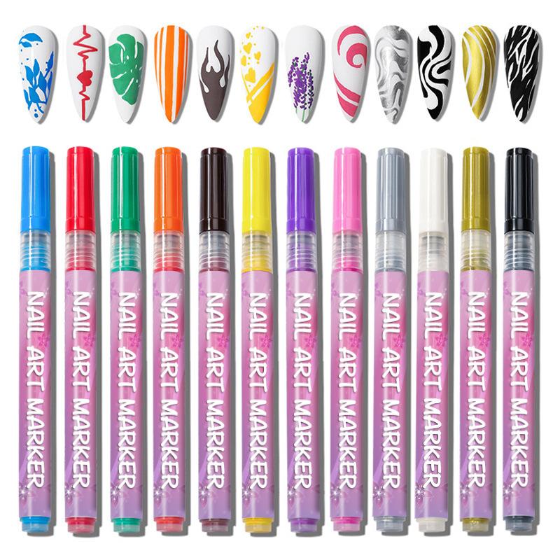 12 Color 0.5mm Needle Tip Nail Painted Graffiti Pen DIY Quick Drying Dot Flower Hook Line Waterproof Acrylic Pigment Pen