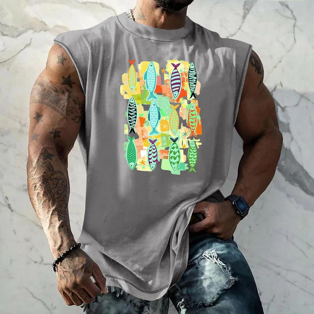Men's Sleeveless Tank Top Loose Fit Vintage Texture Breathable Muscle Shirt Summer Streetwear Casual Daily Wear Printed Vest