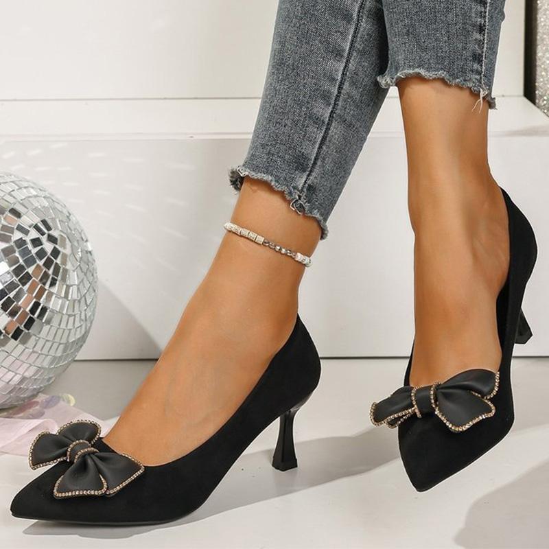 

Fashion Elegant Crystal Bowknot Pumps Women 2025 Soft Faux Suede Heel Pumps Woman Fashion Pointed Toe Party High Heels Shoes Female 41 чёрный