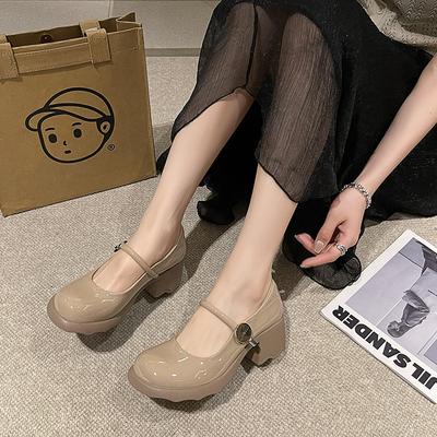 Patent Leather Round Head Mary Jane Shoes Women's Spring and Summer Comfortable Thick Heel Light Mouth Single Shoes High Heel One Word with Shoes