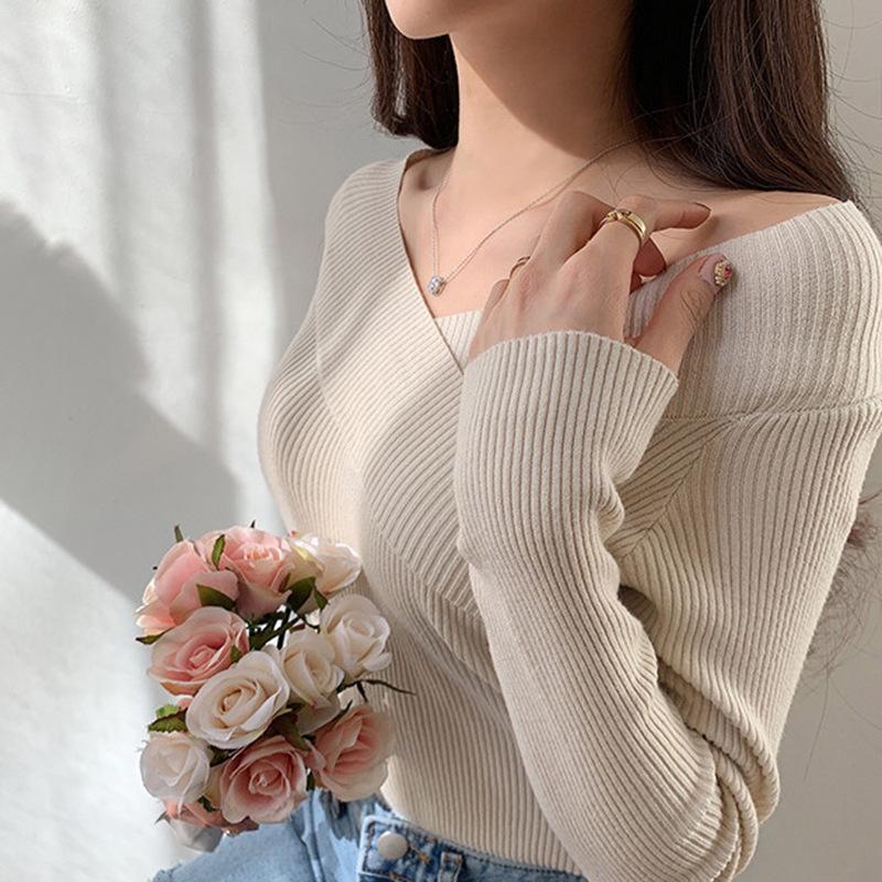 Autumn Winter Off The Shoulder Solid Color Slim Long Sleeve Knitted Tops Women's All Match Chic Sweater