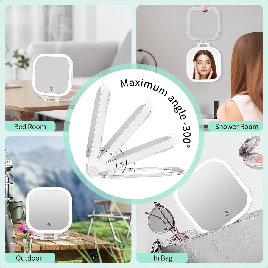 10X Magnification Rechargeable Travel Makeup Mirror 7 Lighted Portable Vanity Mirror with 3 Colors Lighting Stepl Dimming Doubl