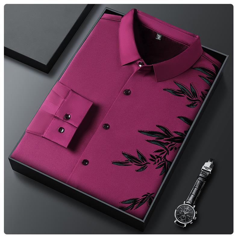 Herrskjorta i kinesisk stil med fleecefoder och stretch - Sömlös, skrynkfri, varm, långärmad, krage