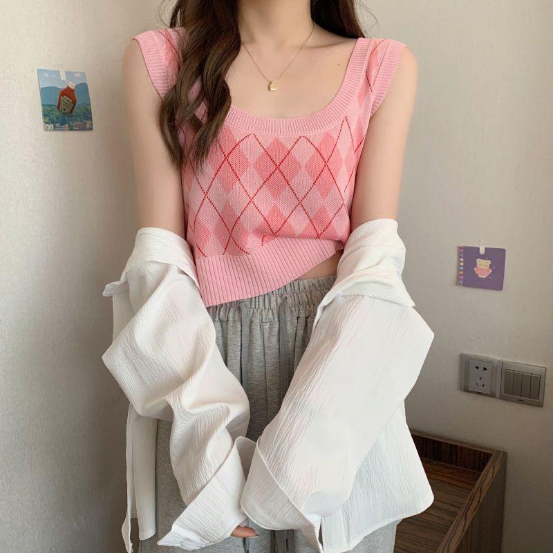 Summer Knitted Argyle Versatile Short Camisole Tank Women's Slim Outerwear Inner Top