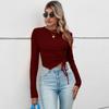 Spring Autumn Fashion Long Sleeve Round Neck Slim T-shirt  Short Temperament T-shirt Solid Color Irregular Design Comfortable Casual T-shirt