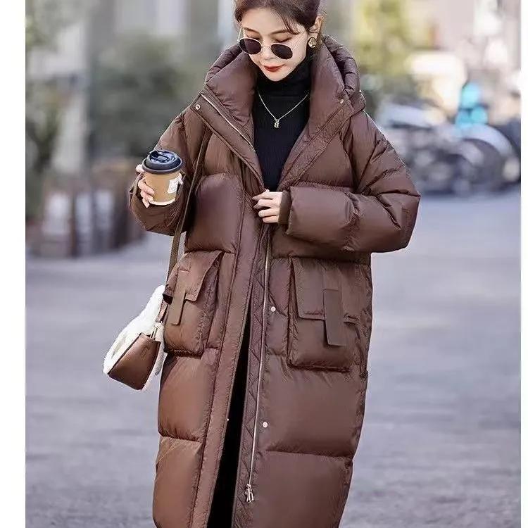 Mid To Long Down Jacket Knee Length Winter Item Thickened Warm Loose Versatile Jacket Women's Solid Color
