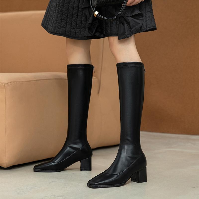 Fashion Women's New Autumn and Winter Square Toe High Heels with Knee Zipper Plus Large Tube Knight Motorcycle Boots and Riding Boots