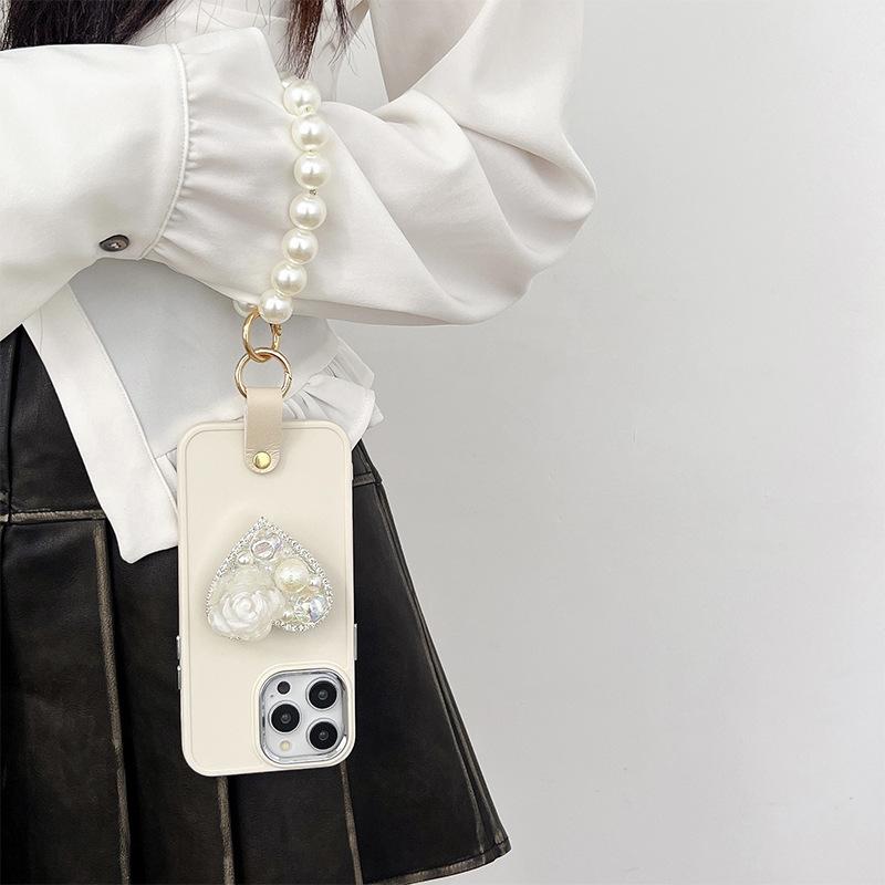 Apple 15 Rhinestone Pearl Love Holder Phone Case For Iphone17 Pearl Handchain Crossbody Rope Silicone