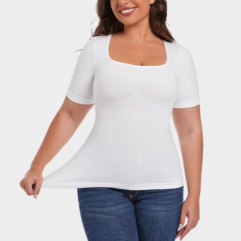Women Plus Size Short Sleeve Seamless Tummy Control Body Shaper Shapewear Top