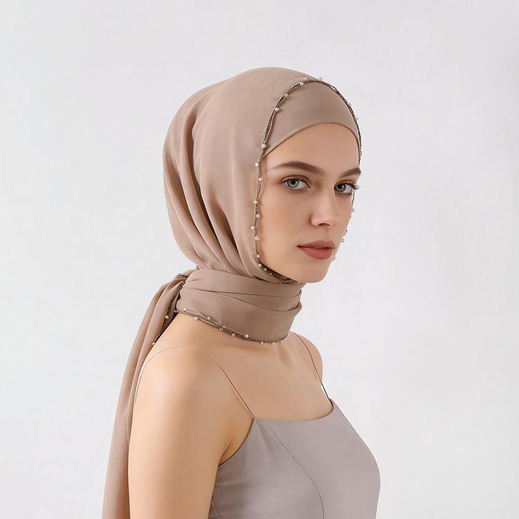 Pearl Edge Chiffon Hijab Scarf Women Muslim Long Shawl Soft Plain Head Wrap Beaded Border Lightweight Islamic Turban