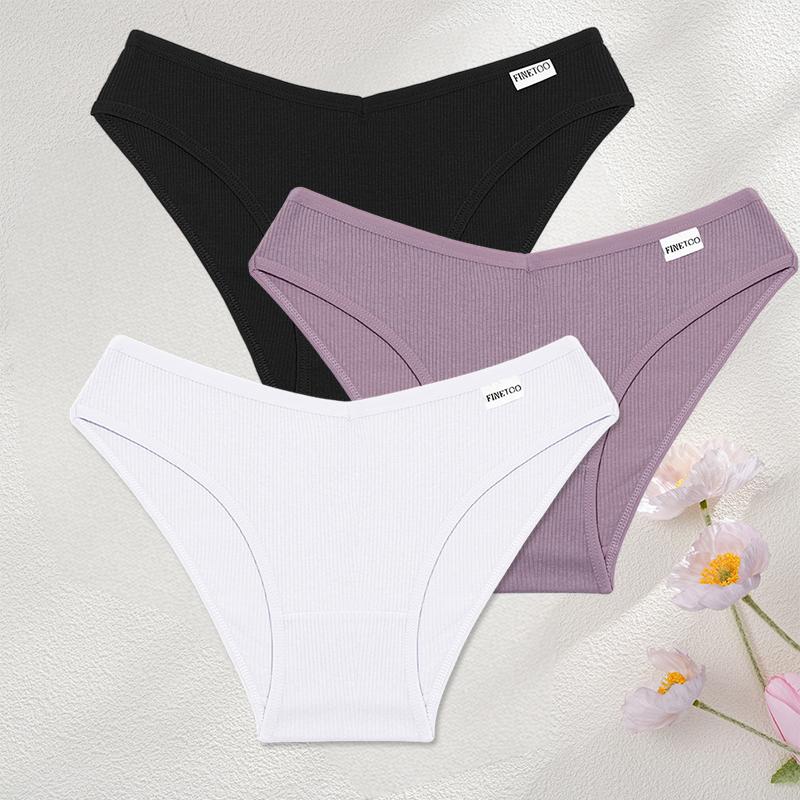 FINETOO 3Pcs/Set Sexy Low Waist Cotton Panties M-3XL Ribbed Breathable Briefs Underwear for Women Gym Fitness Casual Lingerie