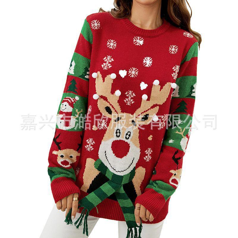 Womens Loose Knit Sweater With Cute Deer Motif LED Light Detail Round Neck Long Sleeve Christmas Pullover