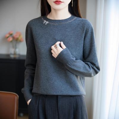 Women's Autumn Winter New Argyle Velvet Crew Neck Long Sleeve Rhinestone Bow Loose Knit Sweater Base Layer Top