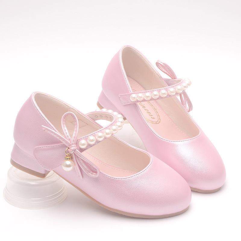 Girls princess shoes, white leather shoes, new spring and autumn bowknot single shoes, children s high-heeled shoes, princess shoes for older 26Code/17.5cm