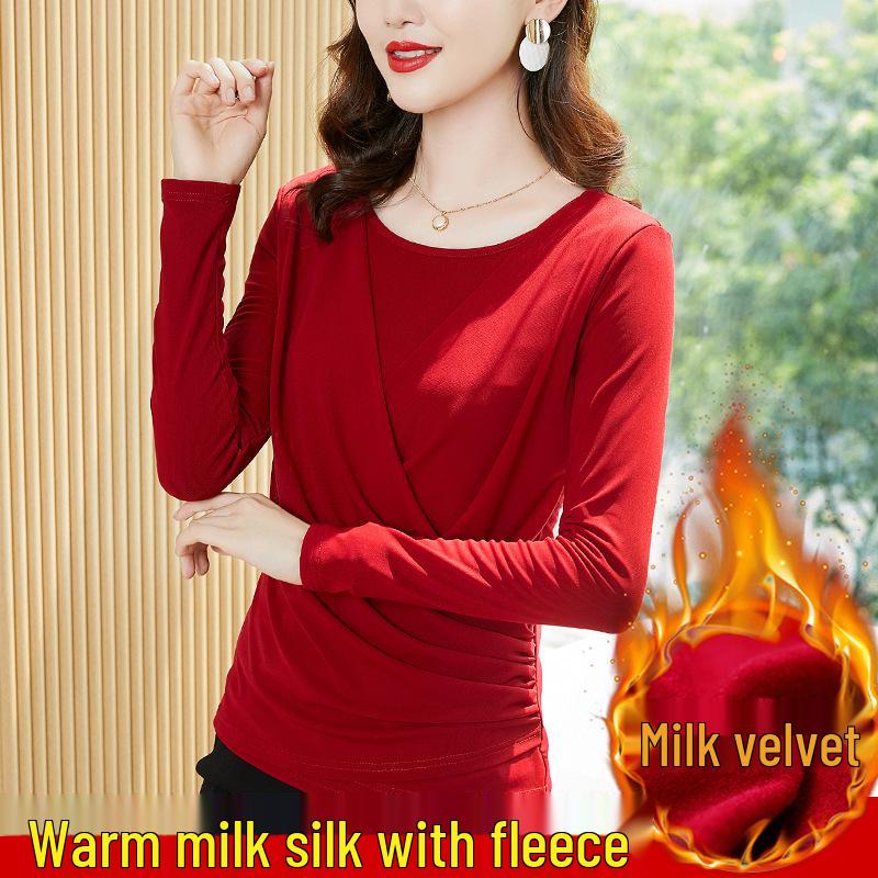 2024 Women's Winter Fleece-Lined Slimming Top, Round Neck, Pleated Tummy Concealment