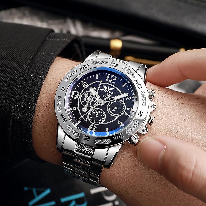 Men'S Business Fake Three-Eye Steel Belt Watch Fashion Quartz Watch