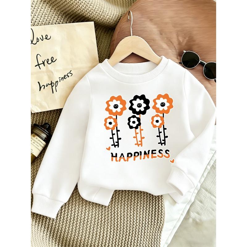 Kids Sweatshirt Cute Orange-White Floral Print Spring/Autumn Thin Round Neck Sweatshirt, Comfortable Outdoor Outfit Choice