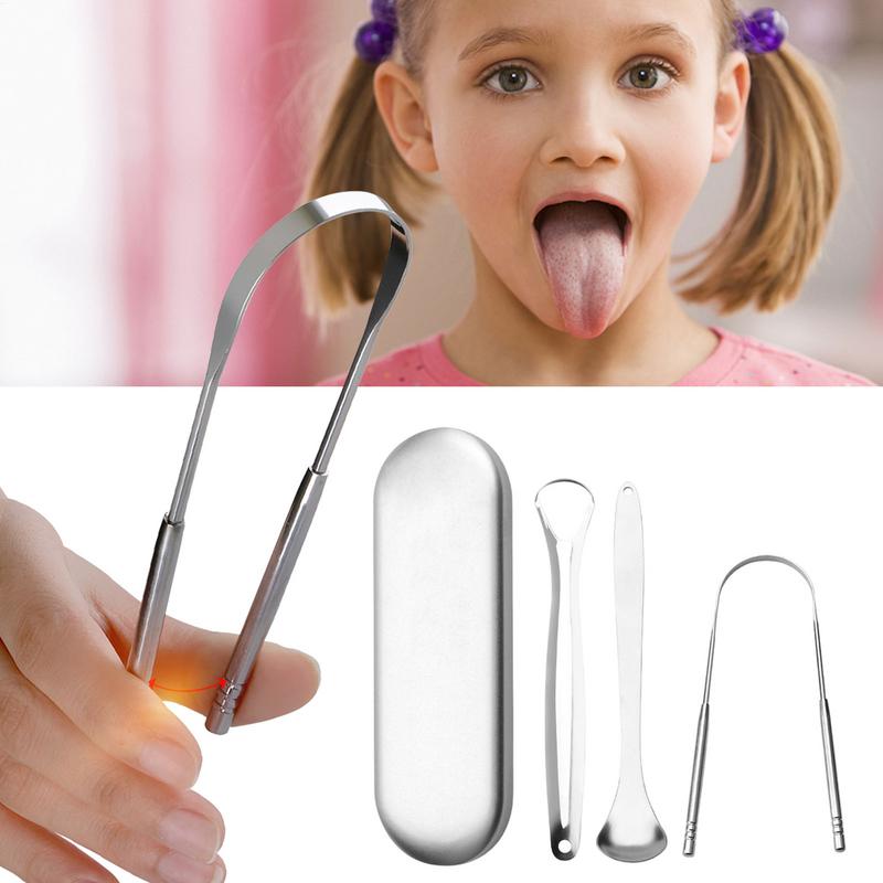 Tongue Scraper Set Tongue Brush Tongue Cleaner Tongue Toothbrush Reusable Portable Stainless Steel Fresh Breath Care Tool