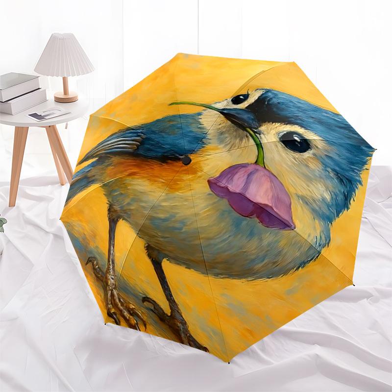 1pc Bird Flower Automatic Folding Umbrella - Compact 8-Rib Design, Durable Plastic & Iron, Daily Use Z1230052