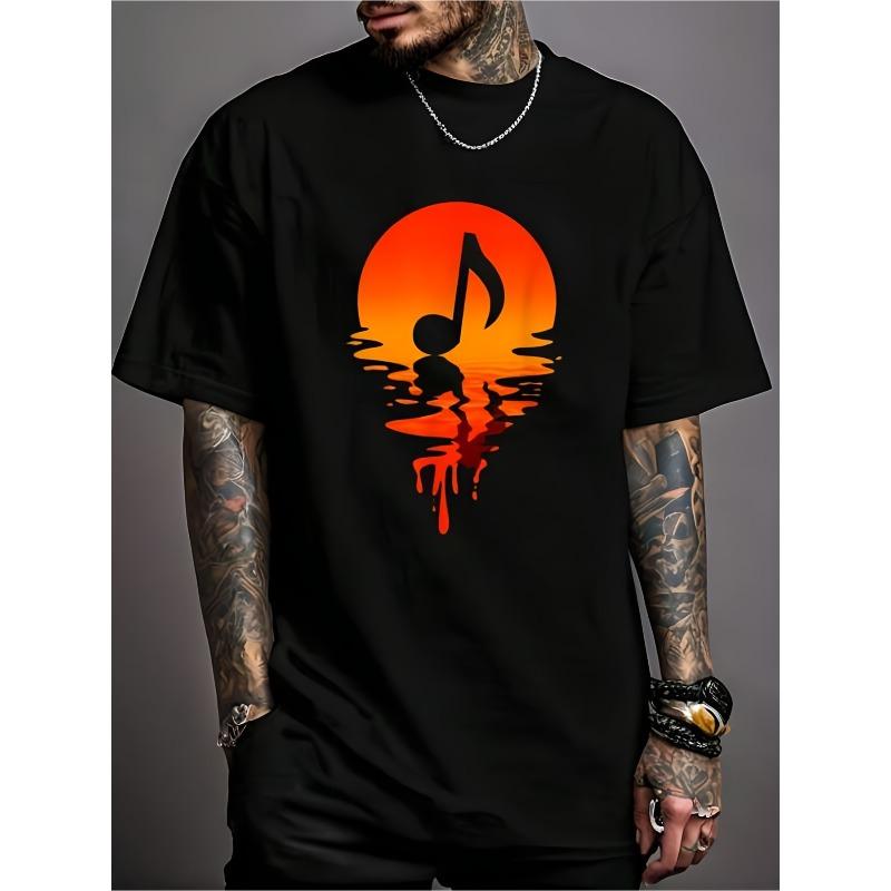 

European sizes Vintage Retro Style Music Note T-Shirt | Casual Crew Neck Short Sleeve Comfort Tee Top for Spring and Summer 4XL чорний