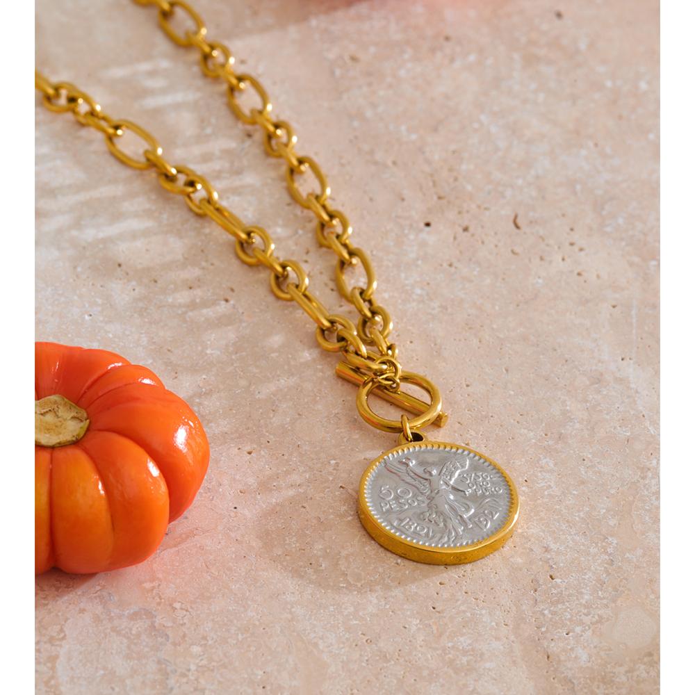 Eetit Round Double Sided Angel Pendant Drop Necklace Stainless Steel Golden Chain Toggle-Clasps Statement Jewelry Waterproof