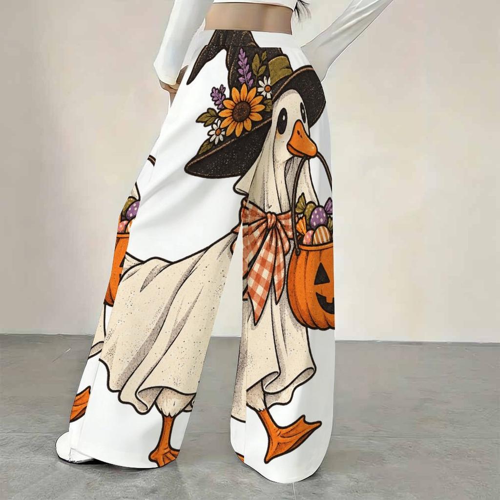 Women Plus Size Loose Straight Leg Pants Halloween Cartoon Duck Printed Full Length Casual Trousers