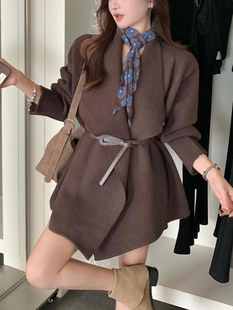 2025 Fall/Winter Women's Mid-Length Waist-Cinching Knit Cardigan Sweater
