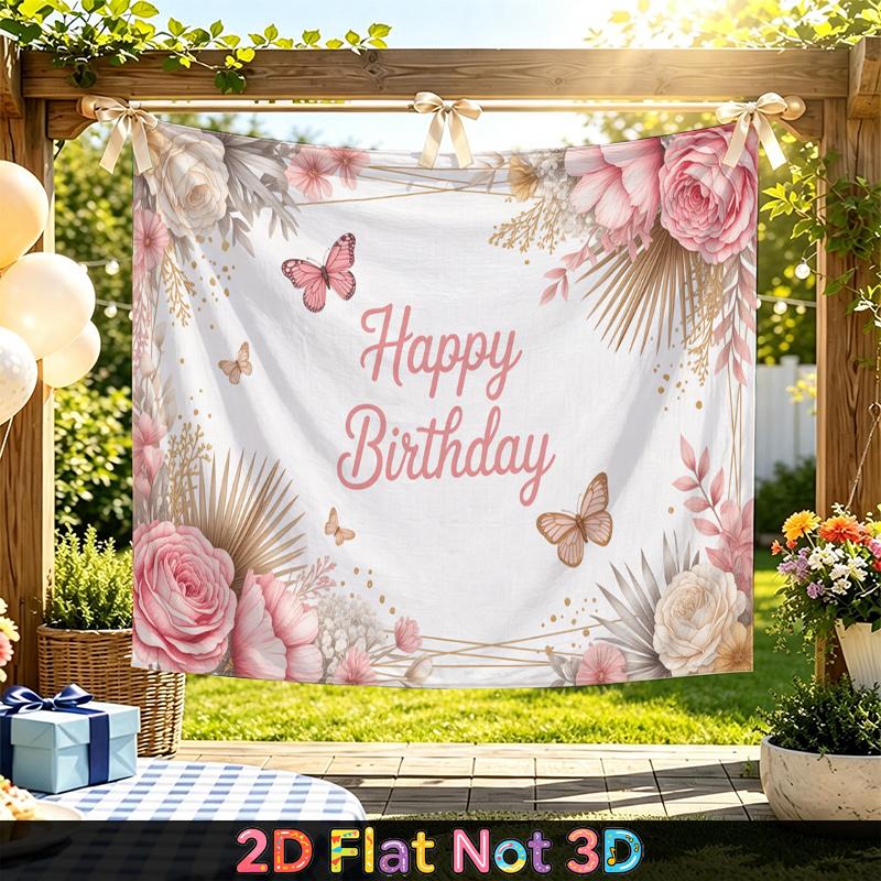 Party Backdrop Happy Birthday Birthday Floral Butterfly Pink Photo Booth Background Front Door Decor
