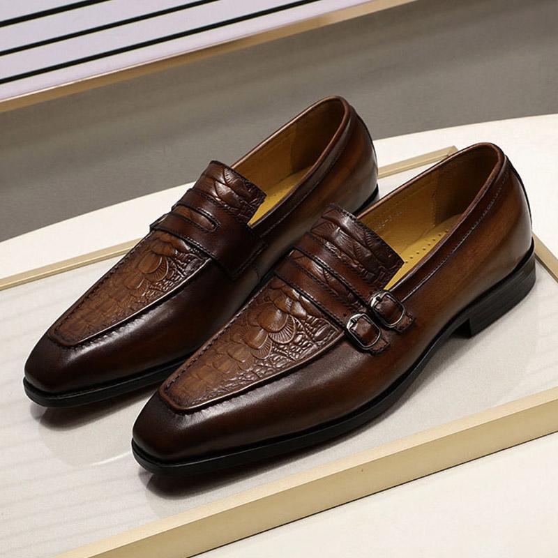 Fashion Luxury Men Dress Shoes Genuine Leather Crocodile Print Wedding Loafers Double Buckles Business Office Formal Slip on Mens Shoes