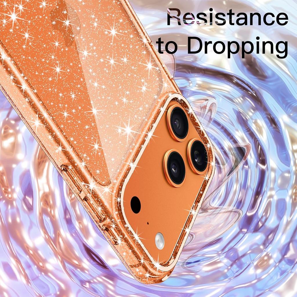 Orange Gold Glitter Case for iPhone 17 Pro Max Air 16E 16 E 15 Plus 14 13 Mini 12 11 X XS XR SE 2022 2020 7 8 Bling Sparkle Phone Cover Accessories