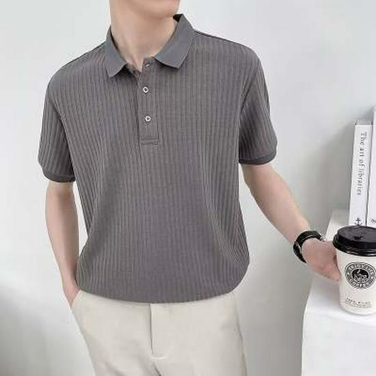 Men's Casual Retro Striped Polo Shirt: Short-Sleeved, Solid Color, Versatile Knitted Lapel T-Shirt