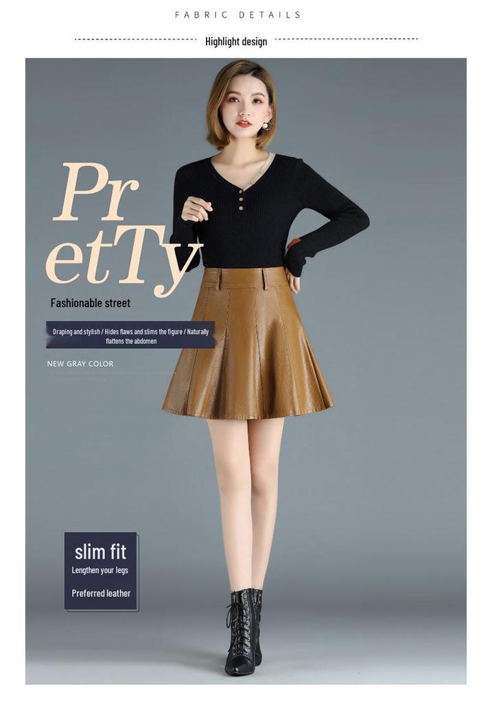 2022 High-Waisted A-line PU Faux Leather Pleated Skirt - Autumn/Winter Women's Stylish Short Umbrella Skirt